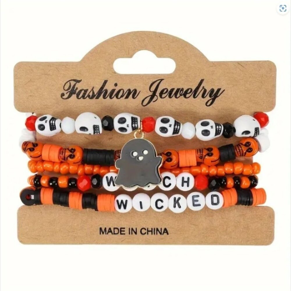 Halloween Beaded Wicked Witch Ghost charm 5 Stretch Bracelets NEW